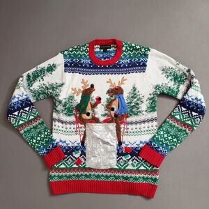 Blizzard Bay Unisex Ugly Christmas‎ Sweater with Cool Reindeers Medium White